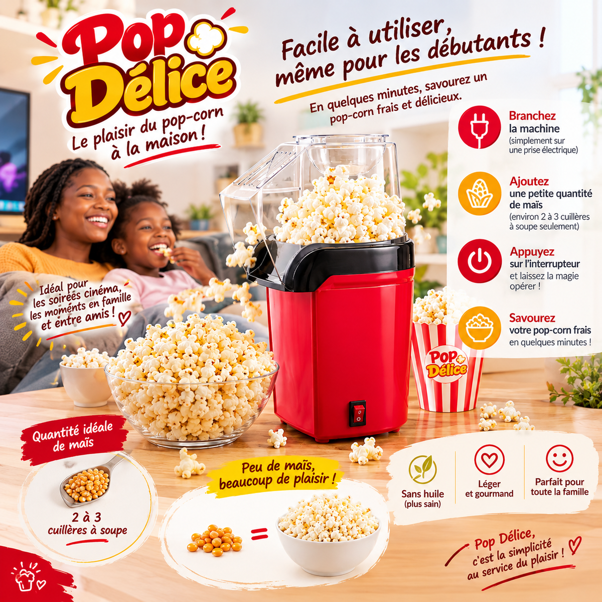 Pop Délice™ – Machine à Pop-Corn + 15 Sachets Refermables Offerts 🍿