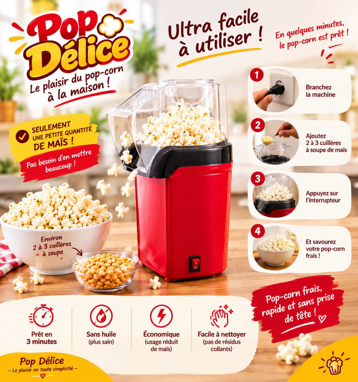 Pop Délice™ – Machine à Pop-Corn + 15 Sachets Refermables Offerts 🍿