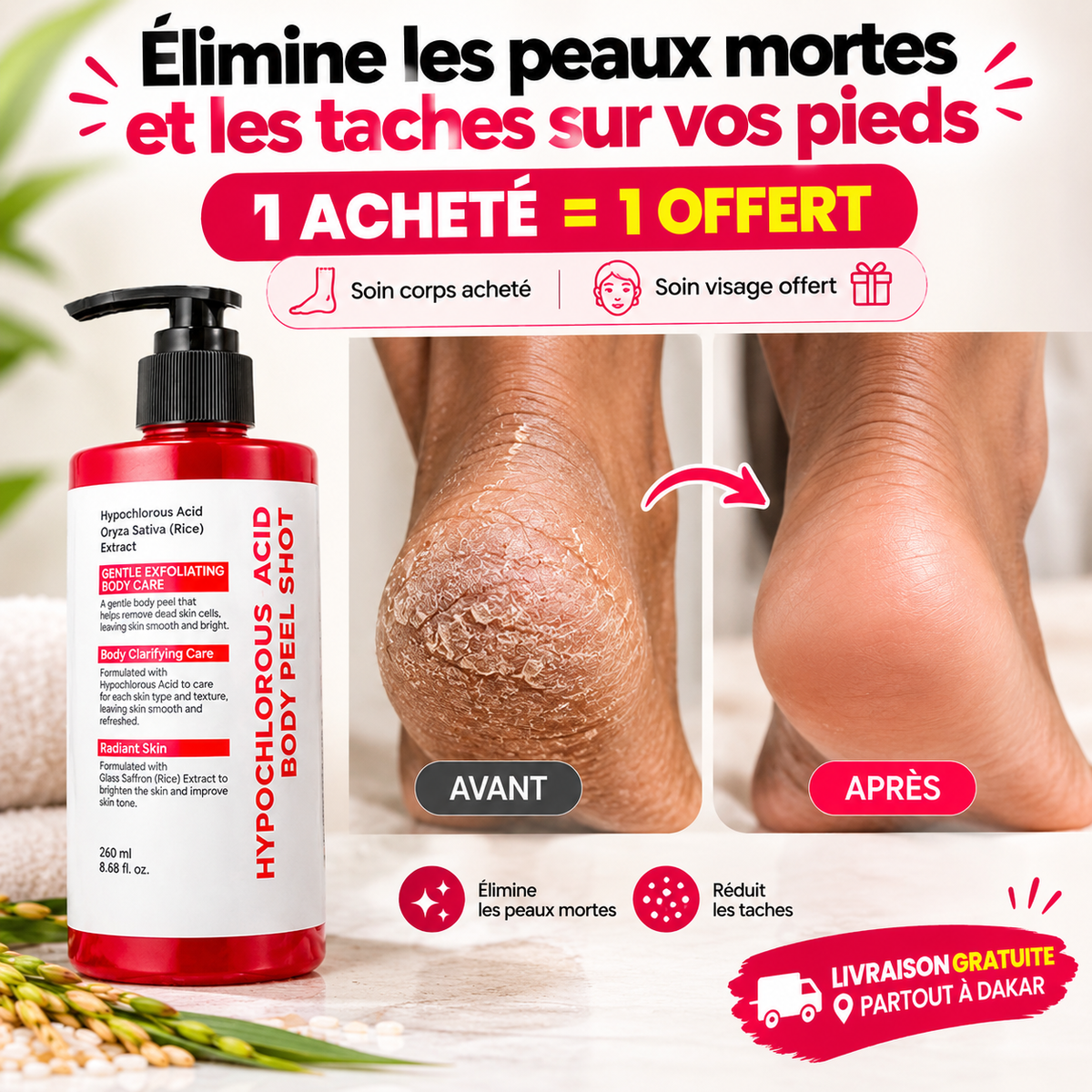 Dites adieu aux peaux mortes et aux taches noires ✨ | Soin corps acheté = soin visage offert 🎁 | Livraison gratuite partout à Dakar 🚚