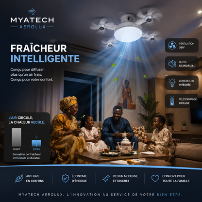 MyaTech AeroLux™ | Ventilateur de Plafond LED avec 4 hélices et Télécommande | Fraîcheur & Éclairage LED puissant