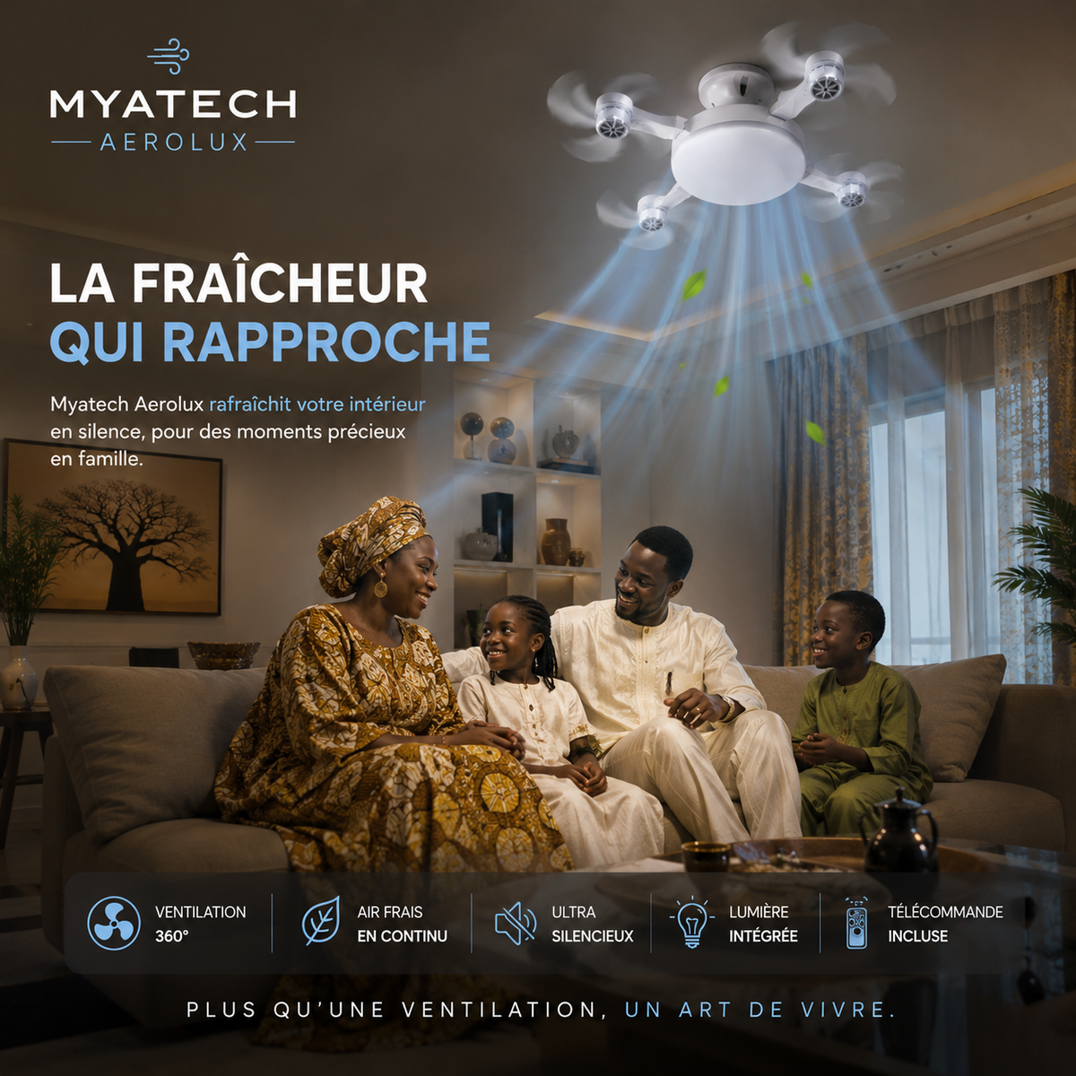 MyaTech AeroLux™ | Ventilateur de Plafond LED avec 4 hélices et Télécommande | Fraîcheur & Éclairage LED puissant