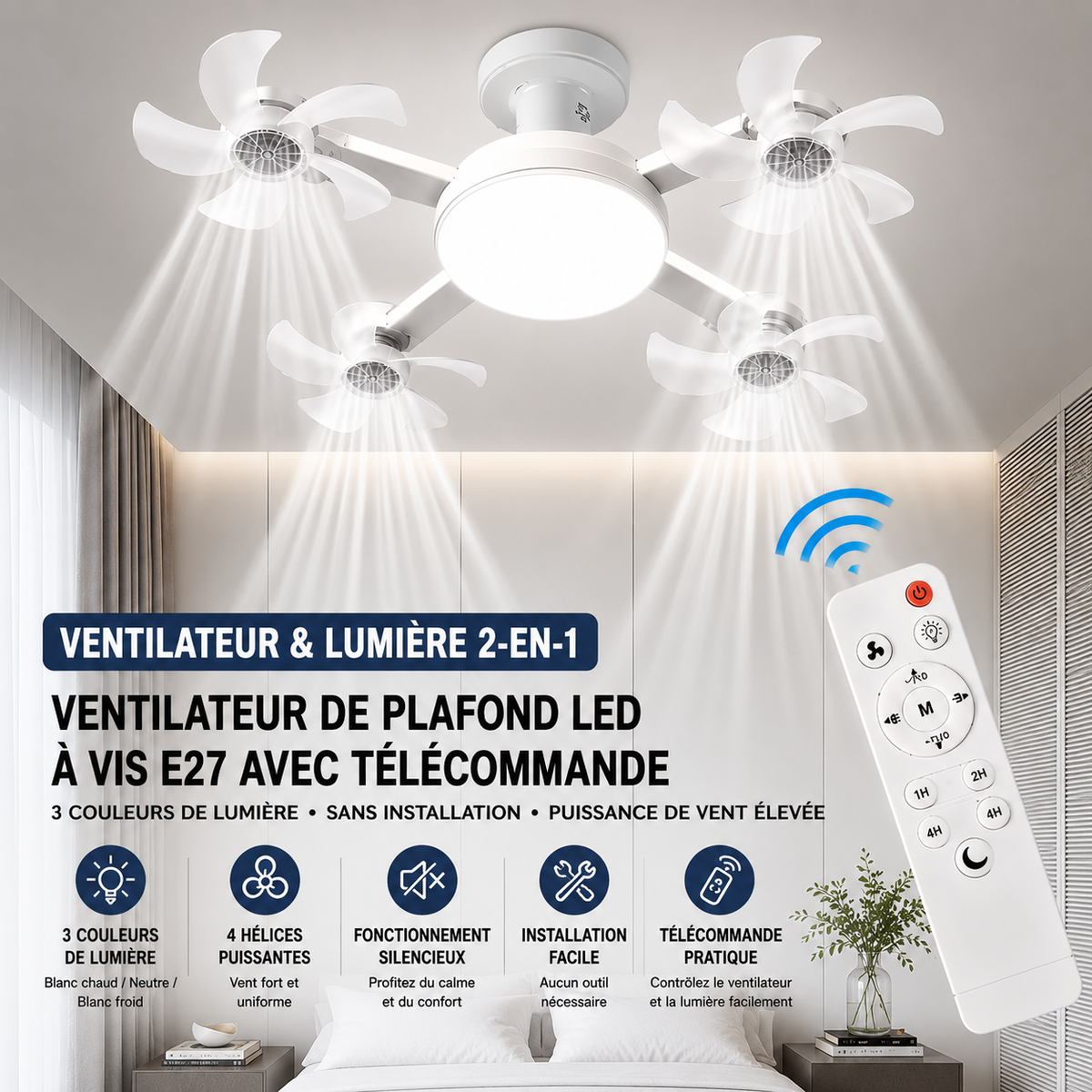 MyaTech AeroLux™ | Ventilateur de Plafond LED avec 4 hélices et Télécommande | Fraîcheur & Éclairage LED puissant