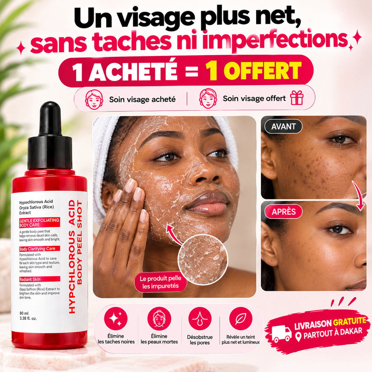 Dites adieu aux peaux mortes et aux taches noires ✨ | Soin corps acheté = soin visage offert 🎁 | Livraison gratuite partout à Dakar 🚚