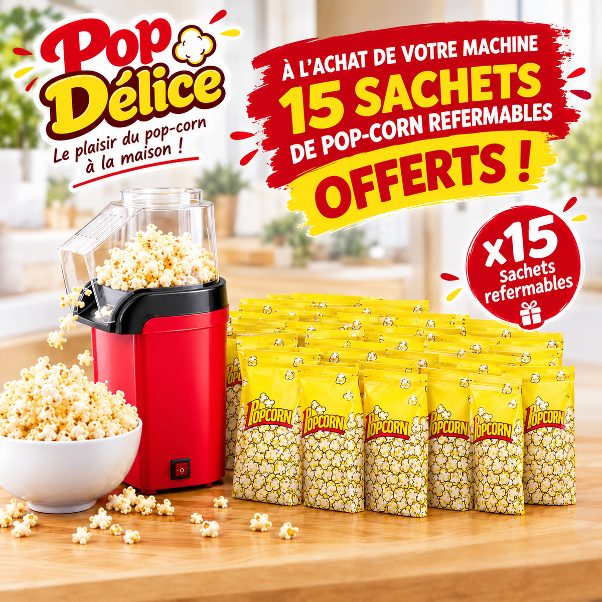 Pop Délice™ – Machine à Pop-Corn + 15 Sachets Refermables Offerts 🍿