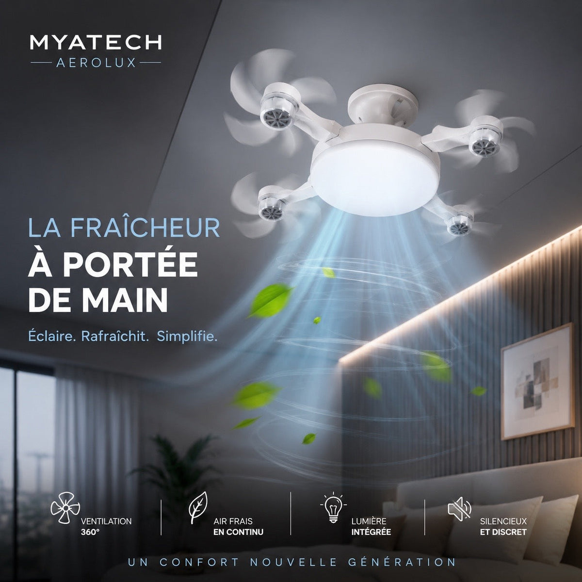 MyaTech AeroLux™ | Ventilateur de Plafond LED avec 4 hélices et Télécommande | Fraîcheur & Éclairage LED puissant